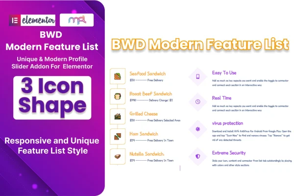 Modern Feature List addon for Elementor banner showing an icon-based feature list