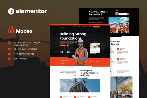Modex construction and building services Elementor template kit preview