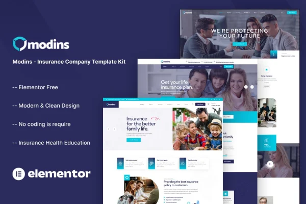 Modins insurance company Elementor template kit cover showing homepage designs