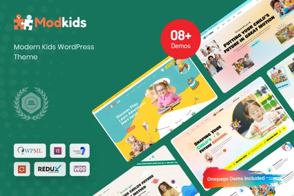 Modkids WordPress theme preview with a colorful kids website design