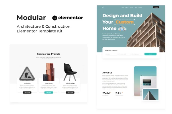 Modular architecture and construction Elementor template kit page previews