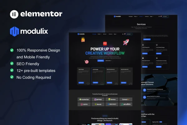 Modulix Elementor Pro template kit cover showing a digital product store design