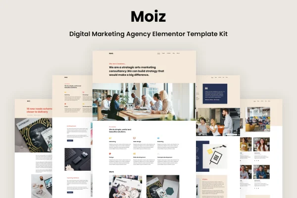 Moiz digital marketing agency Elementor template kit page previews