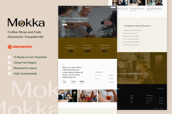 Mokka coffee shop and cafe Elementor template kit preview