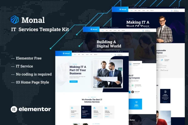 Monal IT Service Elementor template kit preview showing homepage layouts