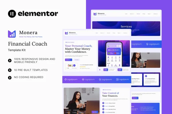 Monera financial coach Elementor template kit cover showing website page layouts