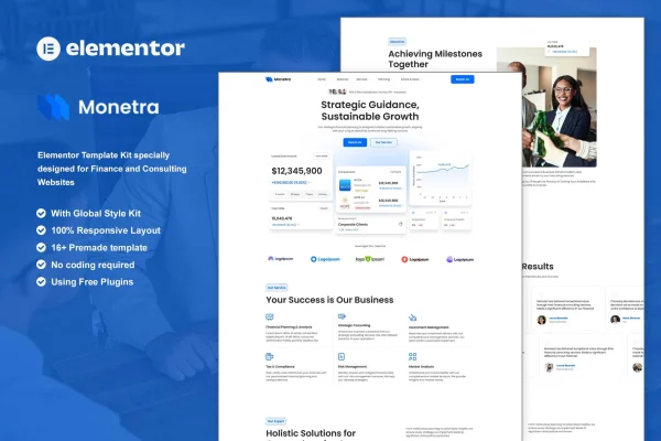 Monetra finance and consulting Elementor template kit preview