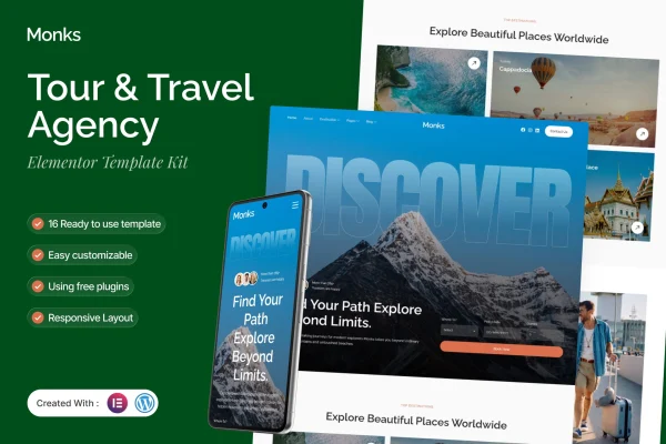 Monks tour and travel agency Elementor template kit preview