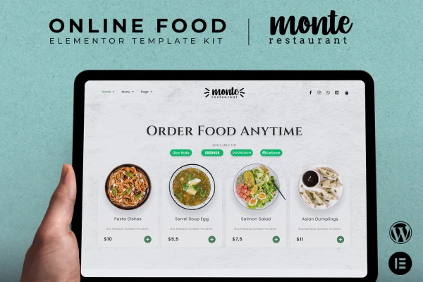 Monte online food Elementor template kit preview with restaurant page layouts