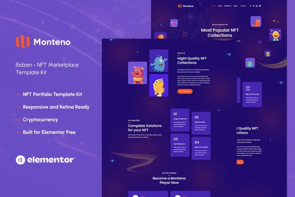 Monteno NFT portfolio Elementor template kit preview with dark crypto style pages