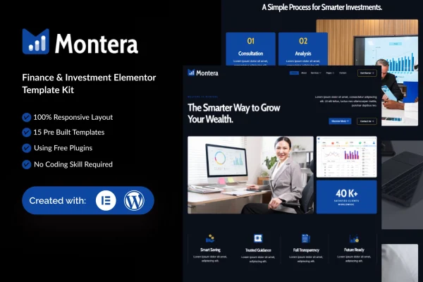 Montera finance and investment Elementor template kit preview