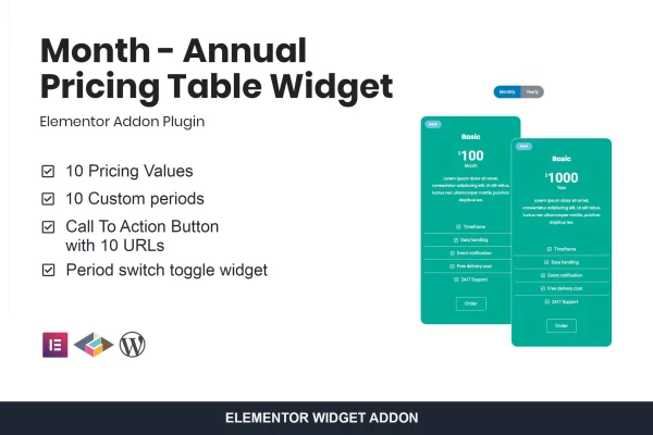 Pricing table widget for Elementor banner with a monthly and annual billing toggle