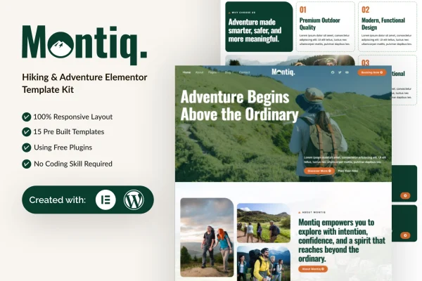 Montiq hiking and adventure Elementor template kit preview