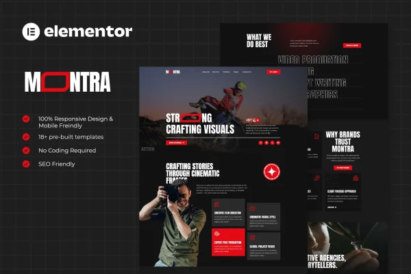 Montra film and video production Elementor template kit preview