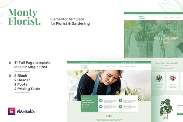 Monty Florist Elementor template kit preview with floral website page designs