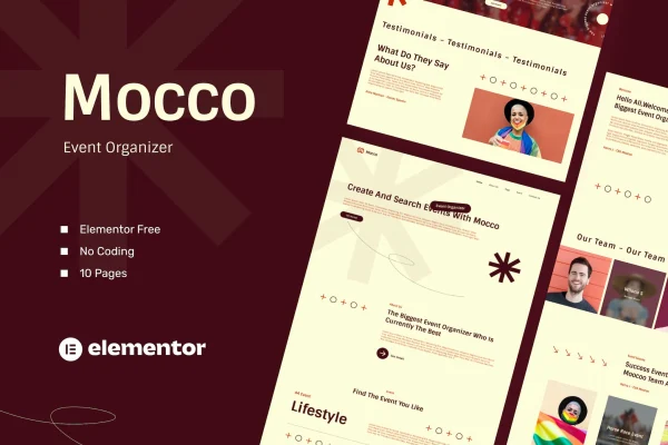 Moocoo event organizer Elementor template kit page previews