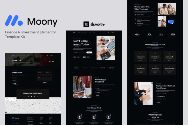 Moony finance and investment Elementor template kit cover showing website page layouts