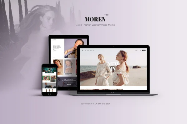 Moren fashion WooCommerce theme preview showing a clothing store homepage