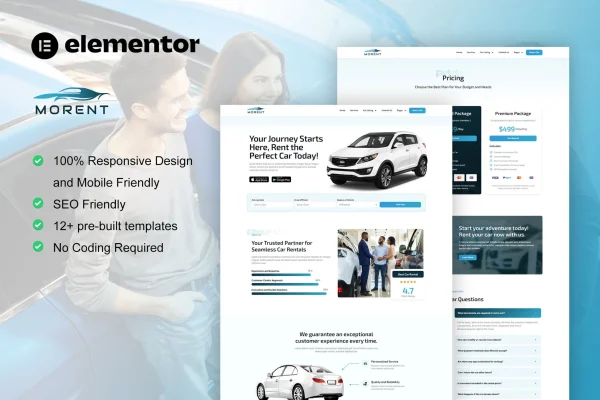 Morent car rental Elementor Pro template kit preview