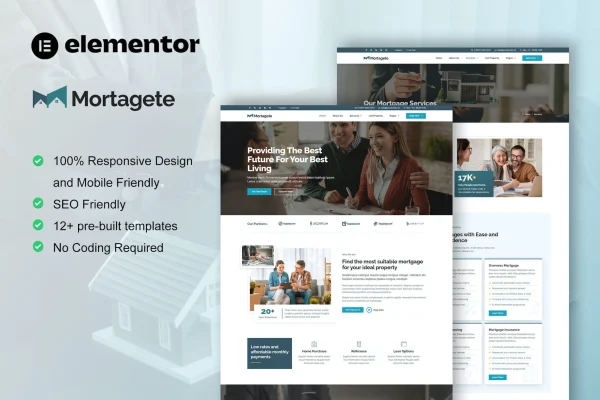 Mortagete mortgage company Elementor template kit cover showing website page layouts