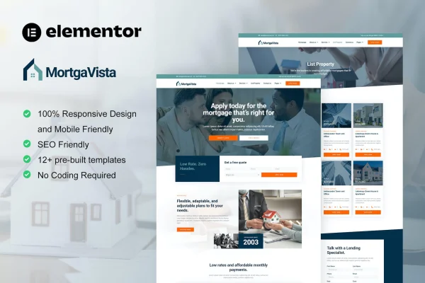 Mortgavista mortgage Elementor template kit preview showing website page layouts
