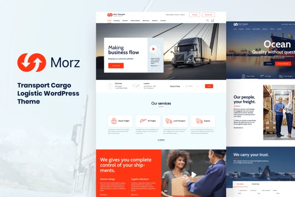Morz transport and logistics WordPress theme preview with truck imagery