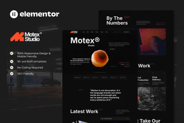Motex motion graphics and 3D animation studio Elementor template kit preview