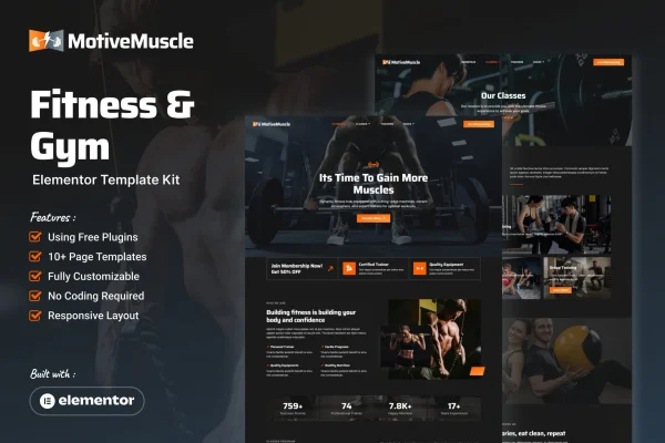 MotiveMuscle fitness and gym Elementor template kit cover image