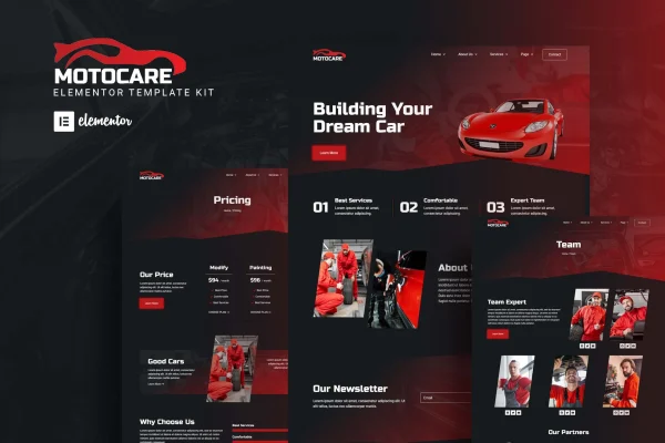 Motocare automotive Elementor template kit cover showing car service website pages