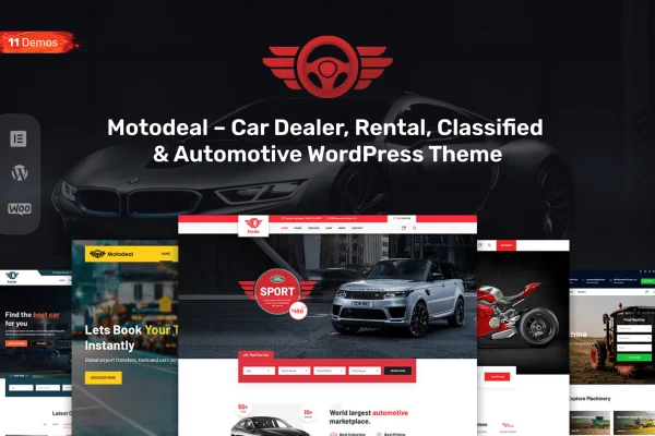 Motodeal car dealer WordPress theme preview with vehicle listings