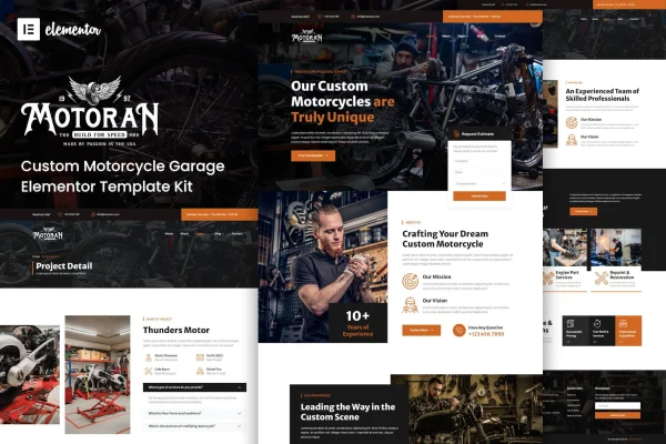 Motoran motorcycle garage Elementor template kit preview
