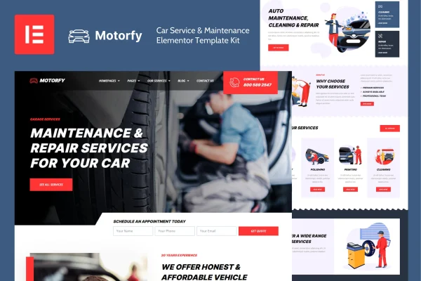 Motorfy car service and maintenance Elementor template kit preview