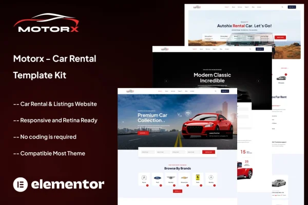 Motorx car rental Elementor template kit cover image