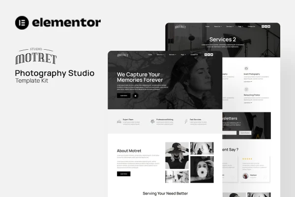 Motret digital marketing Elementor template kit preview with agency and photography page layouts