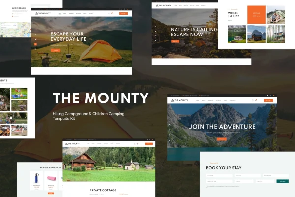 Mounty hiking campground and children camping Elementor template kit preview