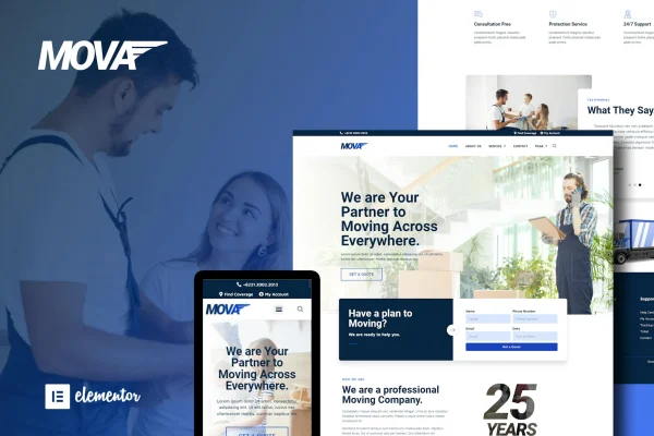 Mova moving company Elementor template kit preview showing page layouts
