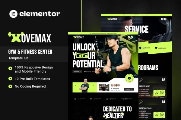 MoveMax gym and fitness center Elementor template kit preview