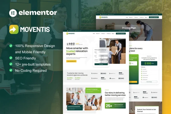 Moventis moving company Elementor Pro template kit preview