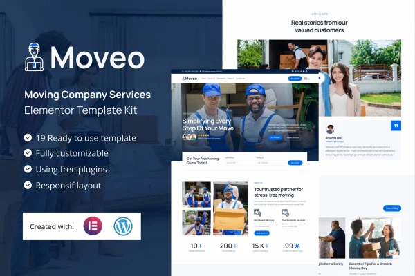 Moveo moving company Elementor template kit preview