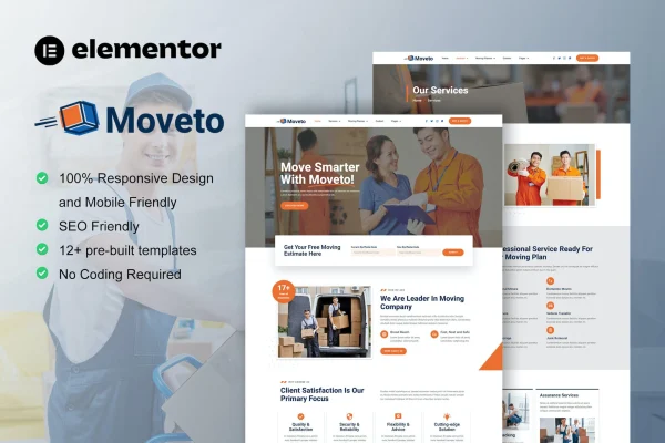 Moveto moving company Elementor template kit preview