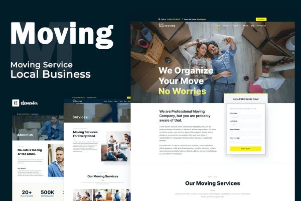 Moving Service Elementor template kit cover showing moving company website pages