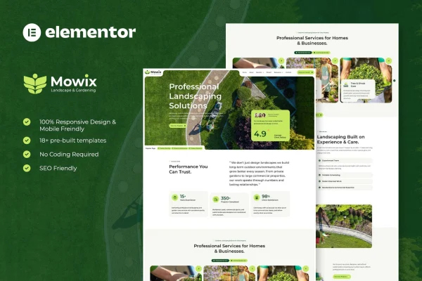 Mowix landscaping and gardening Elementor Pro template kit preview