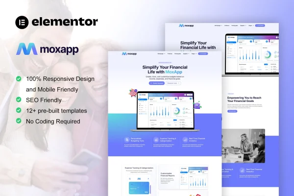 MoxApp Elementor Pro template kit for mobile app and fintech startup websites