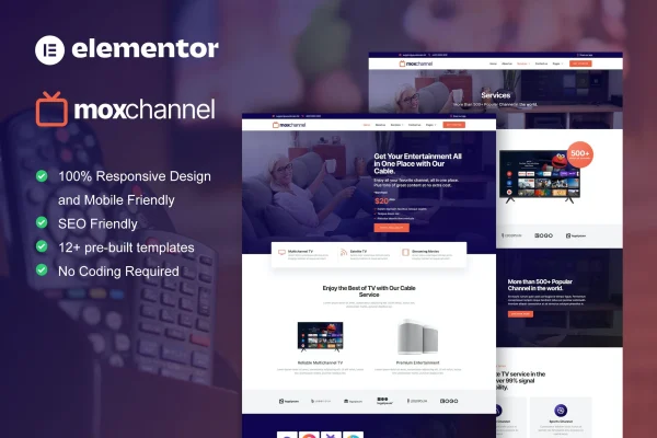 MoxChannel TV channel service Elementor template kit cover with page previews