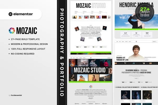 Mozaic photography and portfolio Elementor template kit preview