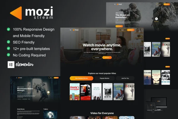 Mozi movie streaming service Elementor template kit preview