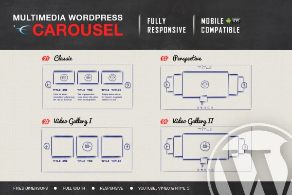 Multimedia Carousel plugin banner showing Classic and Perspective carousel layouts