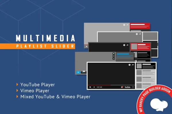 Multimedia Playlist Slider WPBakery addon banner showing a video playlist slider