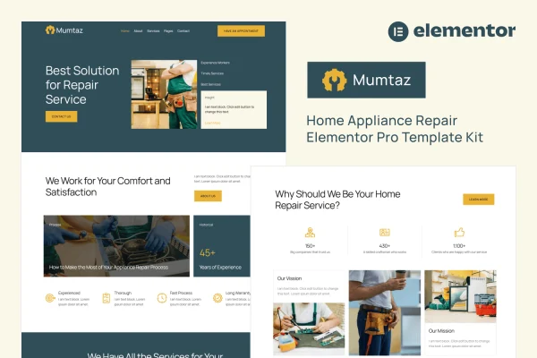 Mumtaz home appliance repair Elementor Pro template kit preview