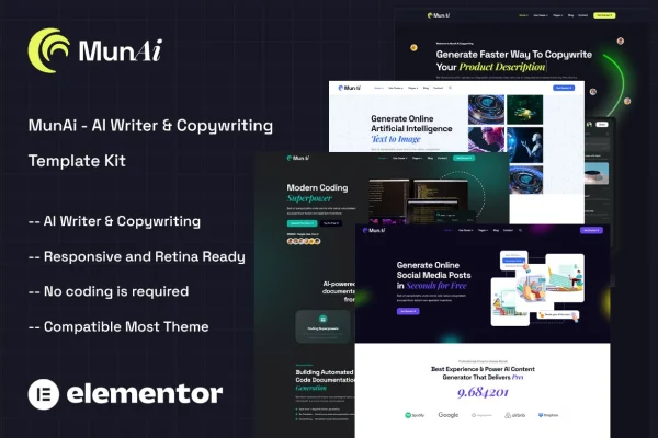 MunAi AI writer and copywriting Elementor template kit preview